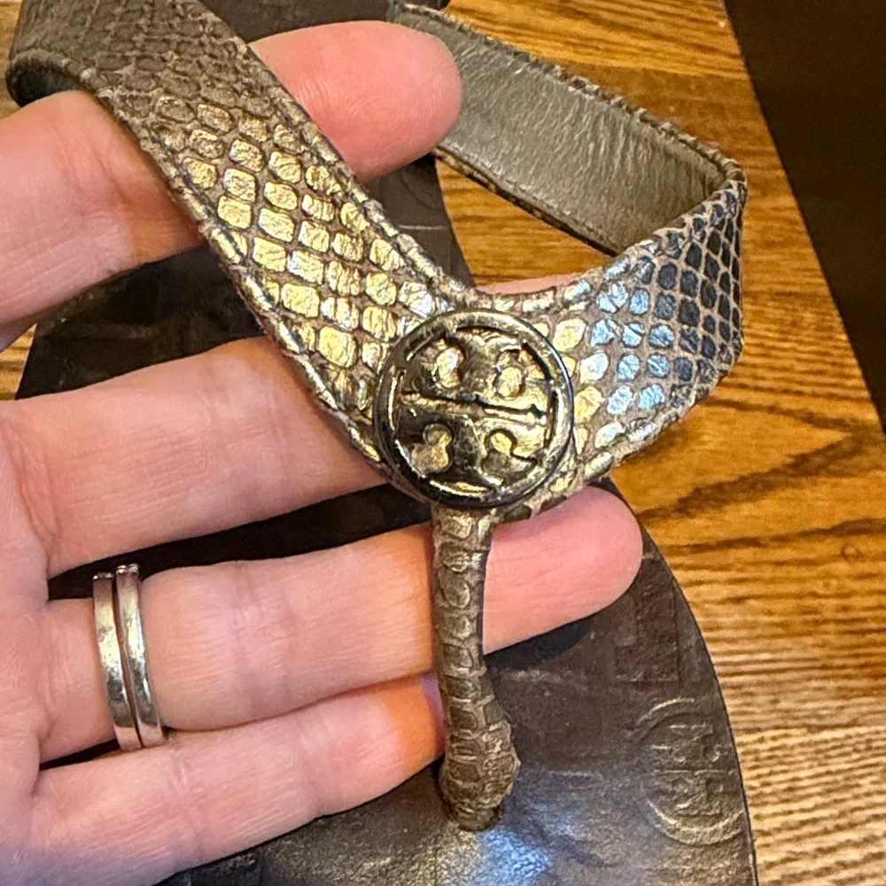 Tory Burch Bronze/Silver Metallic Silver Snakeskin Flip Flops